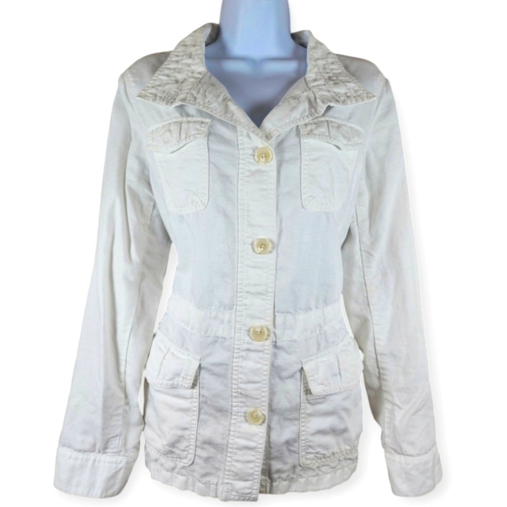 Talbots white cotton linen cargo safari jacket Womens Medium